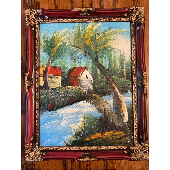 Set Of 3 Vintage Framed Oil Paintings With Rustic Landscape Themes In Ornate Red - Picture 3 of 7